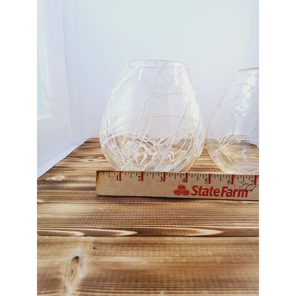 Set of 2 Lg‎ Hand Blown Glass White Spaghetti Drizzle Votive Candle Holder 6